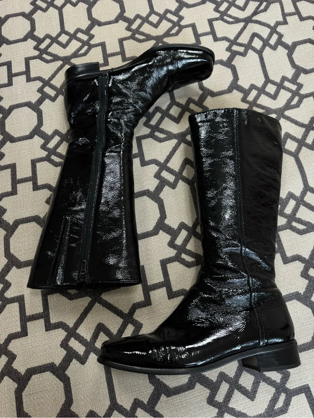 La Canadienne Black Patent Leather Knee High Square Toe Riding Boots Size 7.5 M
